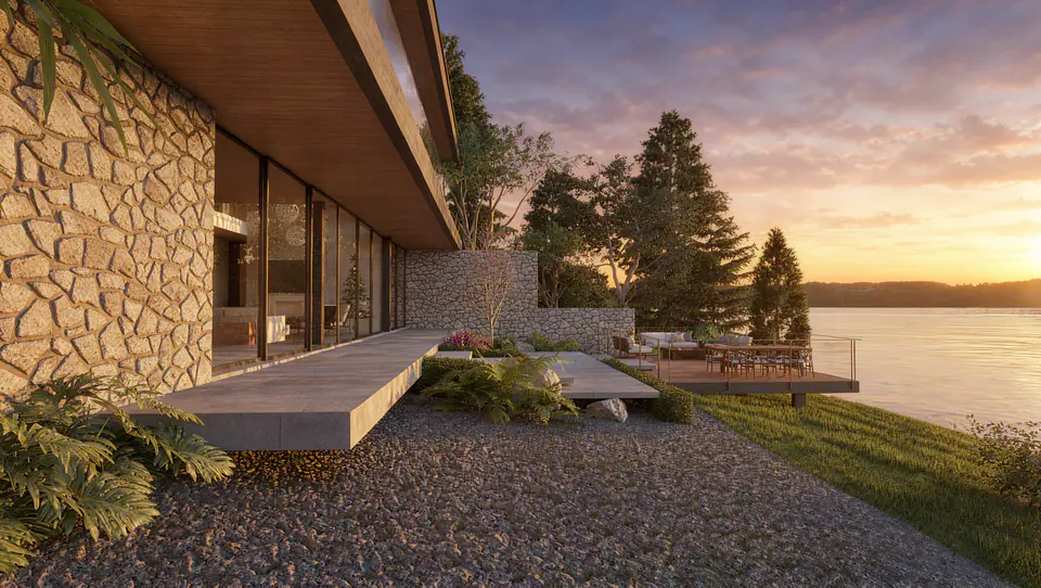 Render 3D 5 de 10 · Nahuel Huapi, vivienda unifamiliar frente al lago en San Carlos de Bariloche