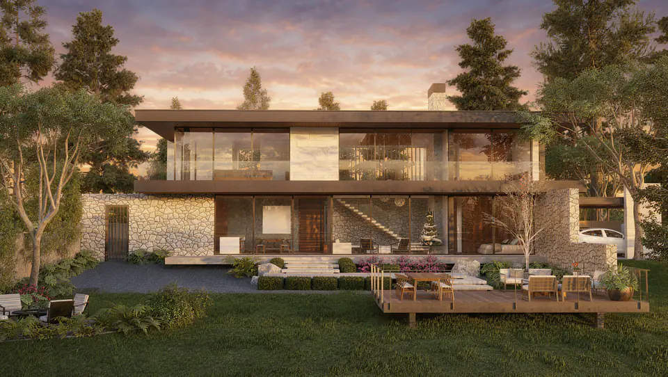 Render 3D 9 de 10 · Nahuel Huapi, vivienda unifamiliar frente al lago en San Carlos de Bariloche