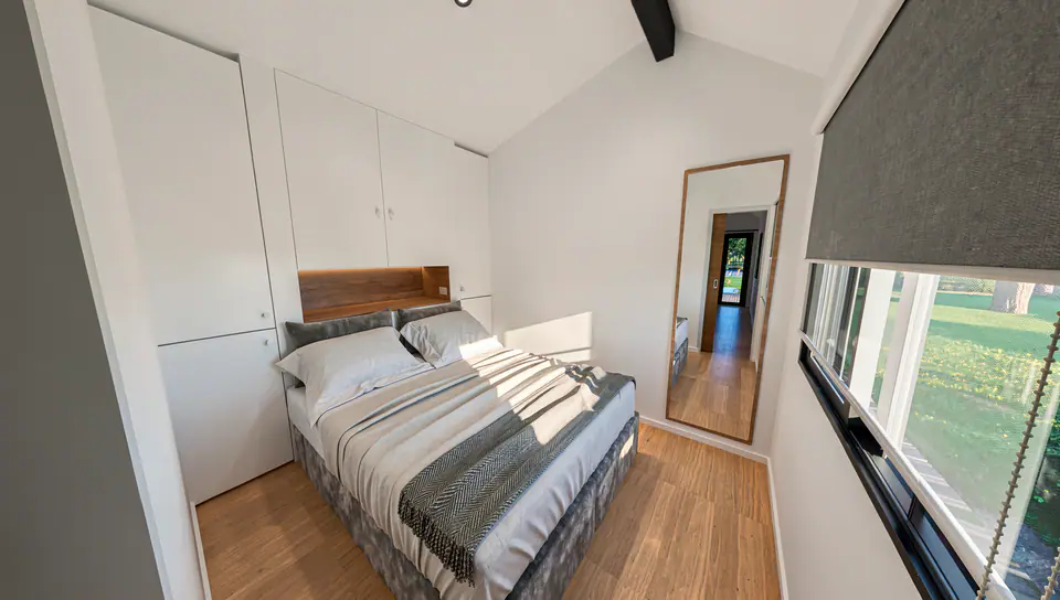 Render 3D del dormitorio · Hytte Løbos, desarrollo de viviendas modulares en Lobos, Buenos Aires