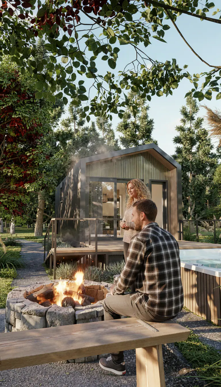 Render 3D del fogón al aire libre · Hytte Løbos, desarrollo de viviendas modulares en Lobos, Buenos Aires