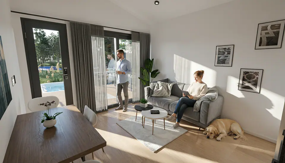 Render 3D del living · Hytte Løbos, desarrollo de viviendas modulares en Lobos, Buenos Aires