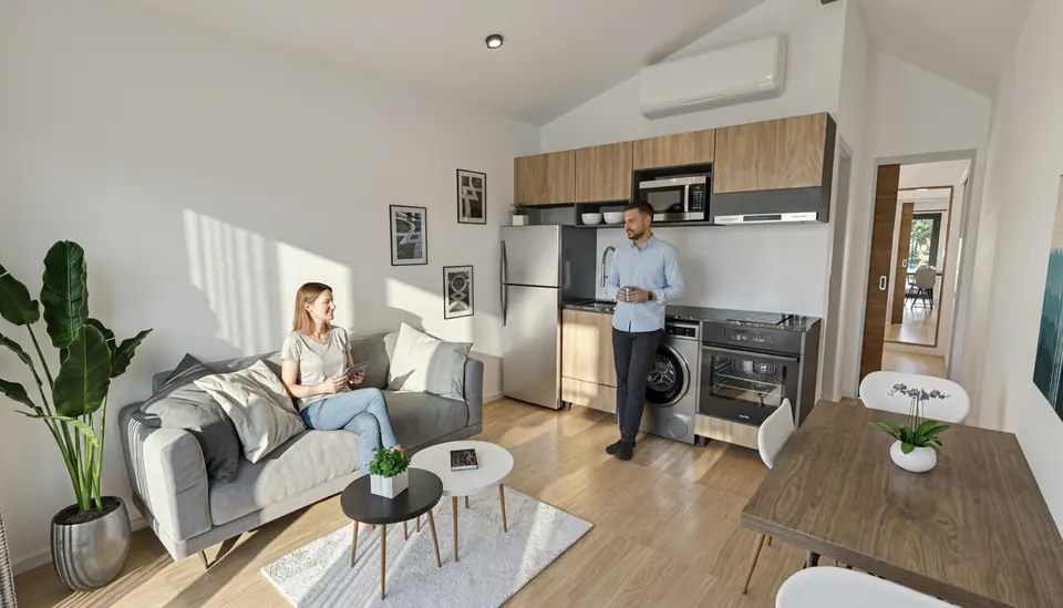 Render 3D del living con cocina integrada · Hytte Løbos, desarrollo de viviendas modulares en Lobos, Buenos Aires