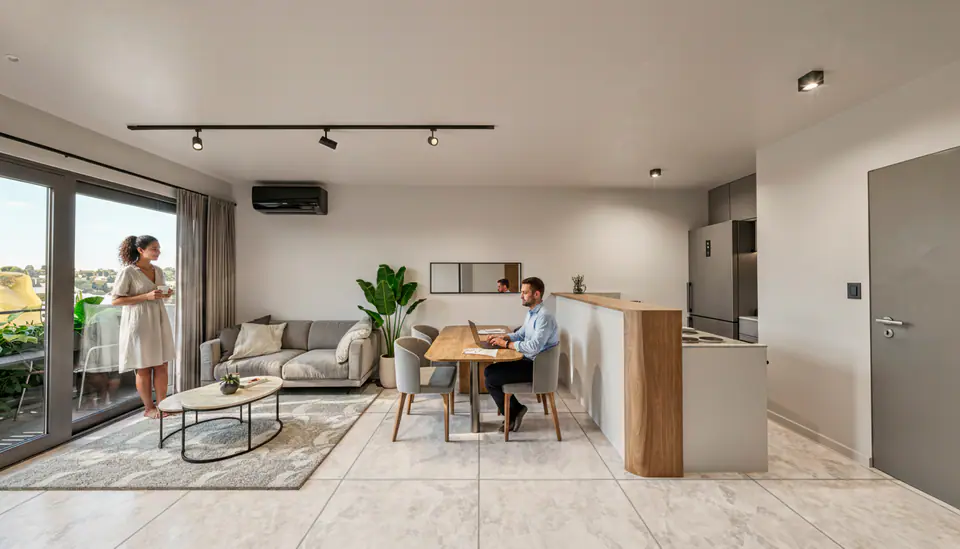 Render 3D del living comedor · JVR 760, edificio residencial en Villa Crespo, CABA