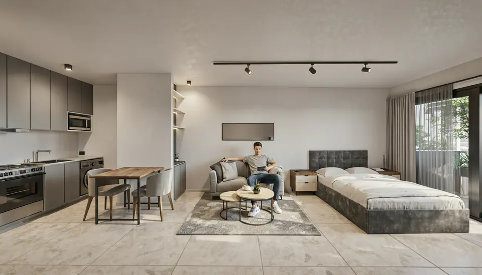 Render 3D del monoambiente · JVR 760, edificio residencial en Villa Crespo, CABA
