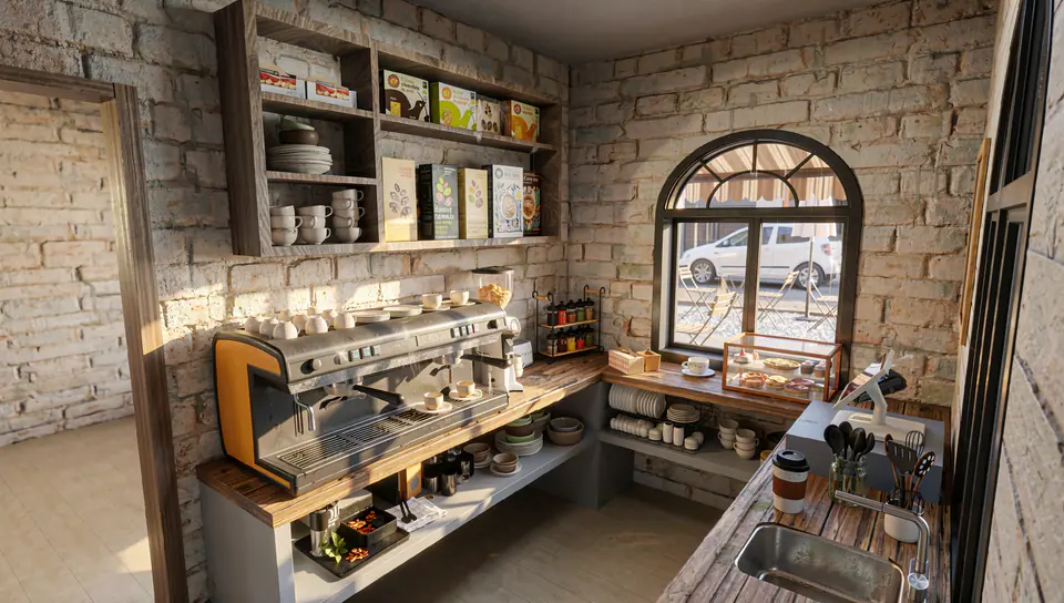 Render 3D 2 de 2 · Mantra Café, local gastronómico en Ciudad Jardín, Buenos Aires